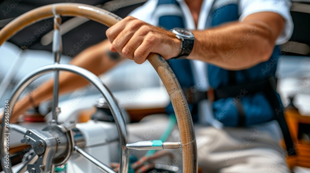 Hand of man on steering wheel sailboat. Hands on the sailboat's steering wheel Yacht. Close-up of mans hands on yacht steering wheel. Helm yacht Hand of man on steering wheel sailboat. Hands on the sailboat's steering wheel Yacht. Close-up of mans hands on yacht steering wheel. Helm yacht