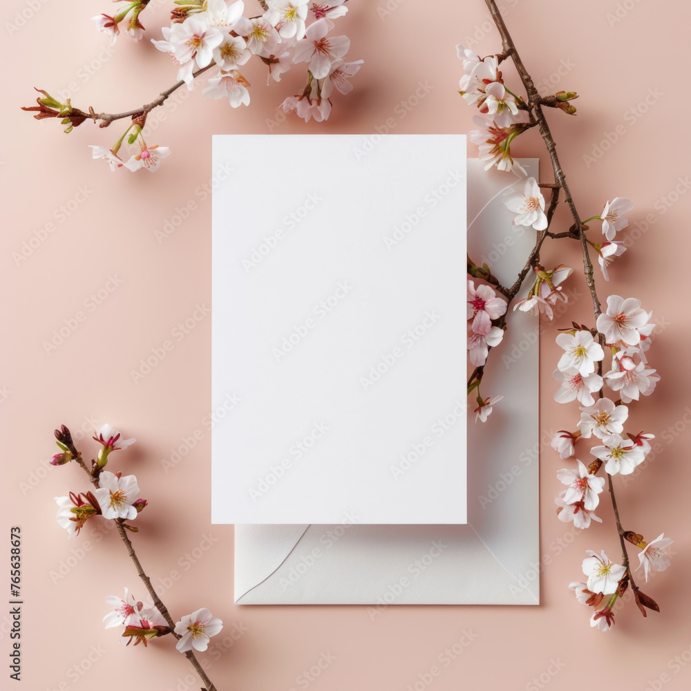 Blank paper card and cherry Sakura flowers background. Holiday wedding greeting card Blank paper card and cherry Sakura flowers background. Holiday wedding greeting card