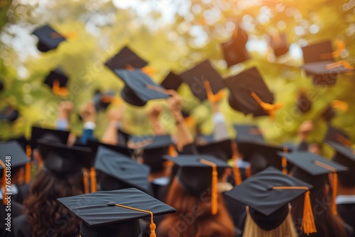  Graduation caps in the hands of students, thrown in the air at sunset. No face. Blurred background. 
