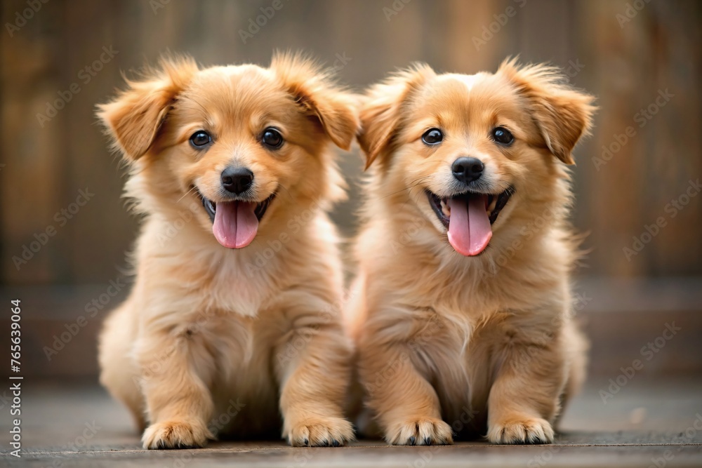Two cute puppies of Golden Retriever sitting on a wooden background