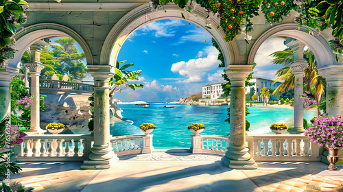 Mediterranean Paradise, Scenic Summer Landscape with Blue Sea and Beautiful Architecture on the Coast