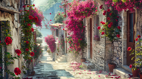 Mediterranean town street, evoking the charm of European architecture, travel, and the vibrant culture of summertime exploration