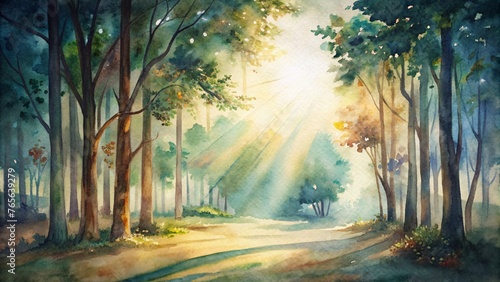 Beautiful autumn forest with fog and sun rays. Digital painting. © Ajay