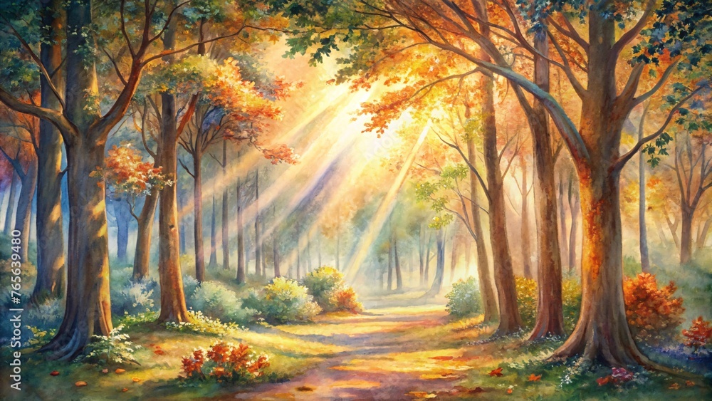 Beautiful autumn forest with fog and sun rays. Digital painting. Beautiful autumn forest with fog and sun rays. Digital painting.