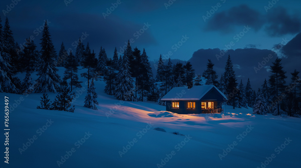 Lonely scandinavian hut in a field, surrounded by snow Lonely scandinavian hut in a field, surrounded by snow