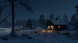 Lonely scandinavian hut in a field, surrounded by snow