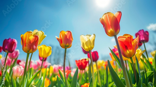 tulips field with blue sky