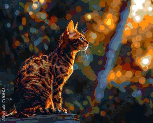 Bengal cat vibrant pixelated stripes dynamic animation wellilluminated exotic outdoor setting photo