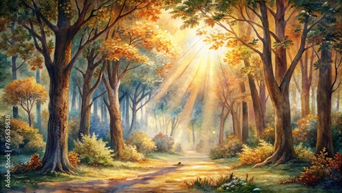 Beautiful autumn forest with fog and sun rays. Digital painting.