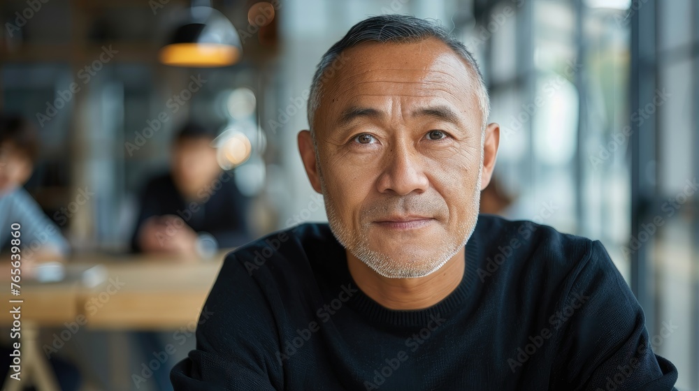 Fototapeta premium Portrait of a mature Asian man with a subtle smile in a cafe.
