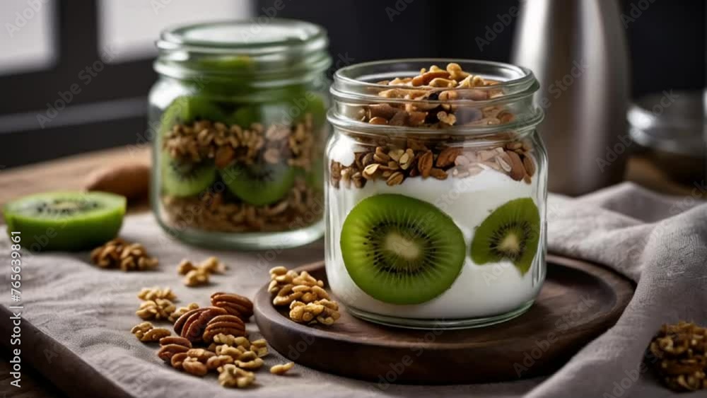 jar of yogurt with granola and kiwi in the kitchen jar of yogurt with granola and kiwi in the kitchen