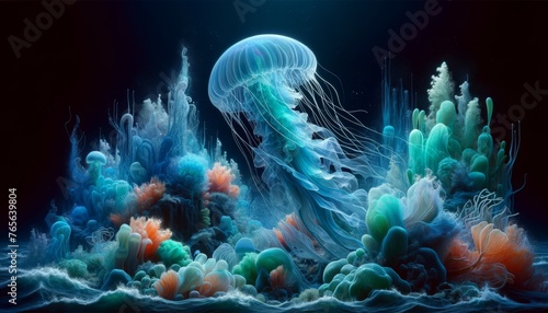 An underwater scene where marine life such as jellyfish and coral are depicted with the same translucent, flowing style as the previous designs.