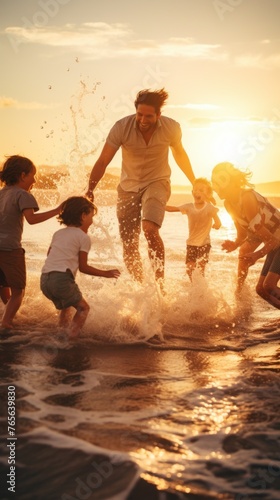 A family of five is playing in the ocean  with a man jumping into the water