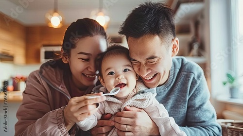 Happy family feeding a baby in a cozy kitchen setting.