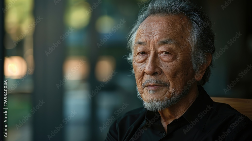 A contemplative elder man with a beard in a serene café environment. A contemplative elder man with a beard in a serene café environment.
