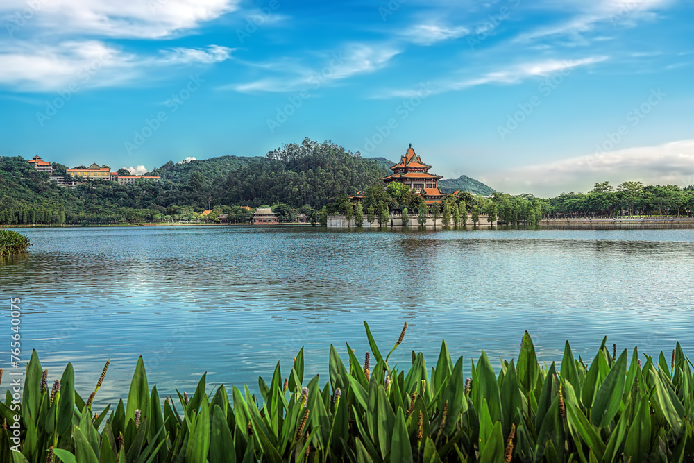 Shunfengshan Park, located at the foot of Taiping Mountain in Shunde District, Foshan City, Guangdong, China. Qinglong Pavilion. Landscape view. 