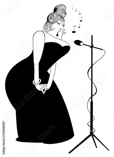 Elegant curvy singer woman.
Cartoon elegant curvy woman sings to microphone with great inspiration
 photo