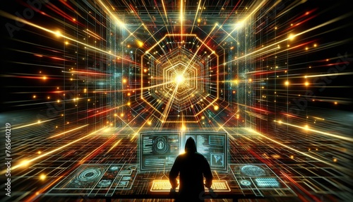 Visualize an abstract digital firewall depicted as a barrier of glowing lines and shapes, with a hacker's silhouette in the foreground trying to penet.