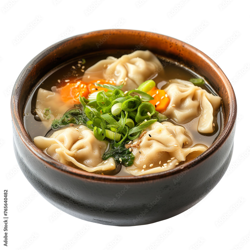 Front view of Manduguk with Korean dumpling soup, featuring dumplings filled with meat and vegetables isolated on a white transparent background Front view of Manduguk with Korean dumpling soup, featuring dumplings filled with meat and vegetables isolated on a white transparent background