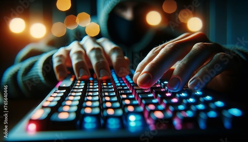 A detailed image showcasing close-up hands typing on a keyboard with backlight keys that are glowing in a spectrum of cyber colors in a dimly lit envi.