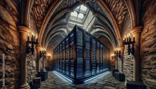 A server room hidden within the stone walls of an ancient castle, blending medieval architecture with modern technology. photo