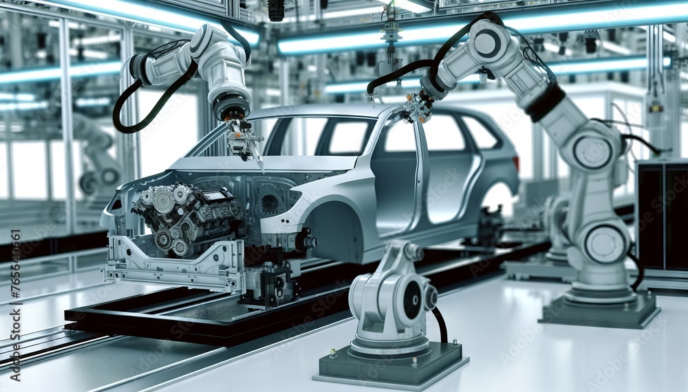 A detailed image showcasing a futuristic automotive assembly line where robotic arms are installing engines and doors onto car chassis.