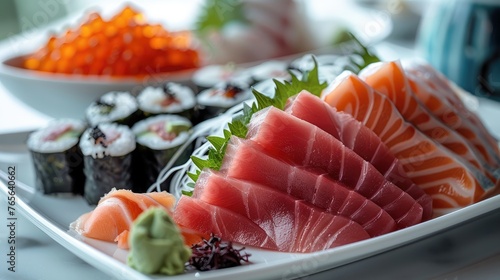 A full plate of sashimi, a whole black tuna. Generative AI.