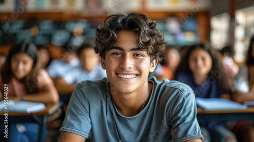 Happy young male student in blue shirt in a classroom.