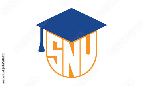 SNU initial letter academic logo design vector template. school college logo, university logo, graduation cap logo, institute logo, educational logo, library logo, teaching logo, book shop, varsity