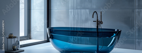 Modern Blue Glass Bathtub in Minimalist Bathroom 