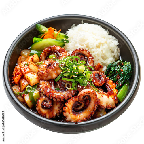 Front view of Nakji Bokkeum with spicy stir-fried Korean baby octopus isolated on a white transparent background