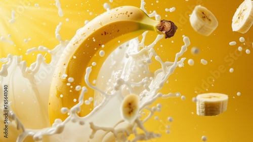 Banana Flying in Air with Milk and Cream Splashes