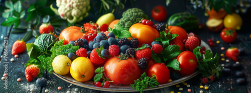 Assorted Fresh Fruits and Berries on a Dark Background 