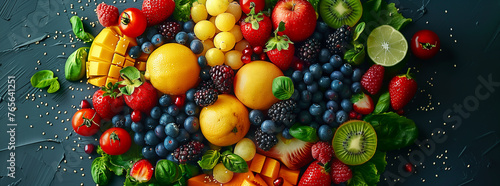 Assorted Fresh Fruits and Berries on a Dark Background 