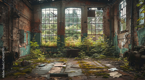 A shuttered factory  broken windows  overgrown weeds  silent machinery  industrial wasteland. Generative AI.