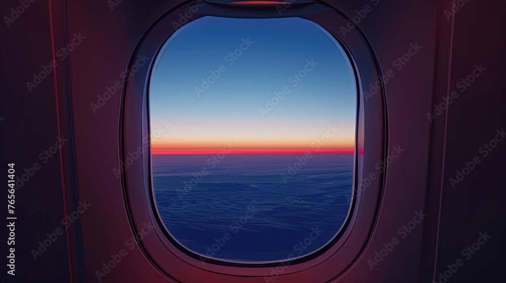 View of a vibrant sunset from an airplane window.