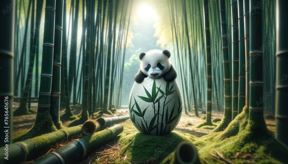 An image depicting a panda cub peeking out from a cracked egg painted with bamboo leaves, set against a backdrop of a dense bamboo forest. An image depicting a panda cub peeking out from a cracked egg painted with bamboo leaves, set against a backdrop of a dense bamboo forest.