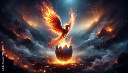 Imagine a scene where a fledgling phoenix is bursting out of a fiery egg, set against the backdrop of a mystical, smoky landscape. photo