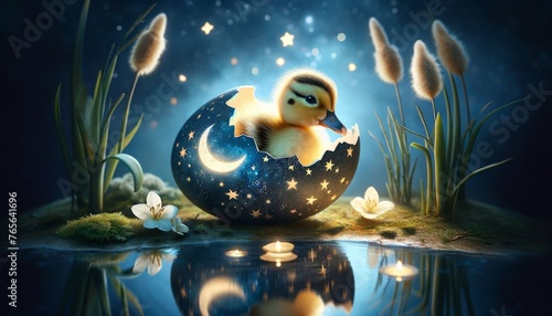 An image depicting a young duckling breaking out of an eggshell that's patterned like a night sky, complete with tiny stars and a crescent moon.