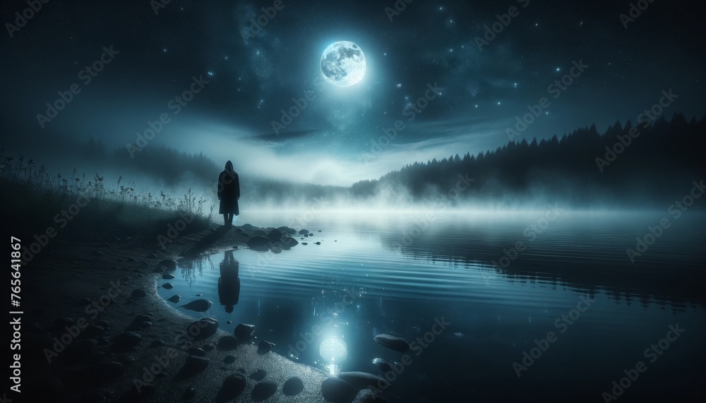 A detailed, focused image that evokes mystery and tranquility_ A mysterious figure stands at the edge of a misty lake under a moonlit sky.