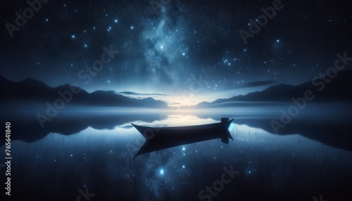 A detailed and focused image capturing the tranquil essence of solitude_ A lone boat silhouette on calm water under a starry night sky.