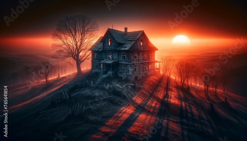 A detailed and focused image conveying a feeling of solitude and mystery_ An abandoned, shadowy house situated on a hill with the setting sun in the b. photo