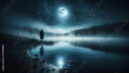 A detailed  focused image that evokes mystery and tranquility_ A mysterious figure stands at the edge of a misty lake under a moonlit sky.
