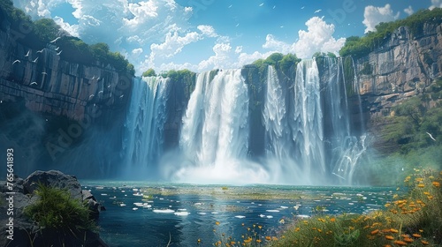 A beautiful very big waterfall. Generative AI.