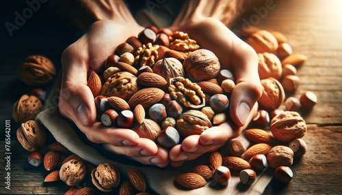 The image should display close-up hands cupping a mix of different types of nuts, including almonds, walnuts, and hazelnuts. photo