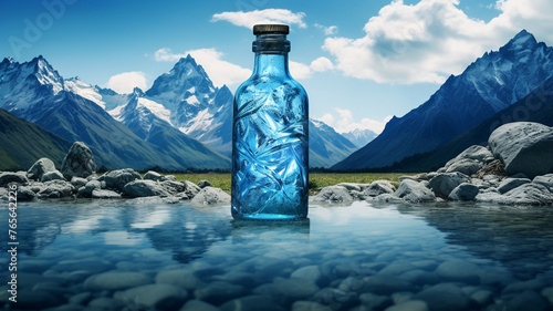 Crystal-clear water pouring into a glass amidst a backdrop of snow-capped mountains, a symphony of purity against nature's pristine canvas. 