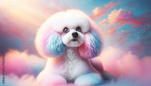 A white poodle with pastel-colored dye on its fur, looking up with big, expressive eyes.