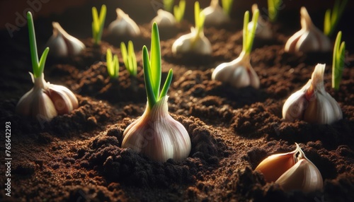 A detailed image of garlic cloves planted in soil, with one sprouting green shoots, captured in natural light.
