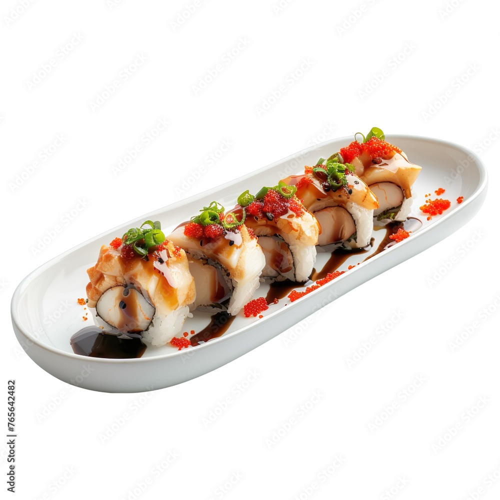 Front view of Ganjang Gejang Sushi with Korean soy sauce-marinated raw crab sushi, isolated on a white transparent background Front view of Ganjang Gejang Sushi with Korean soy sauce-marinated raw crab sushi, isolated on a white transparent background