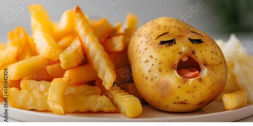 a potato with a sleepy yawning expression as if it is dreaming of its classic of mashed potatoes and french fries photo